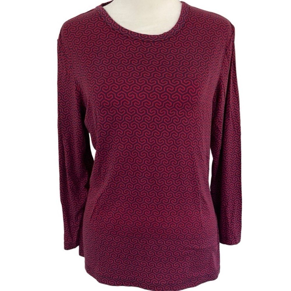 J. McLaughlin silk blend red/blue patterned crew  neck shirt size M.